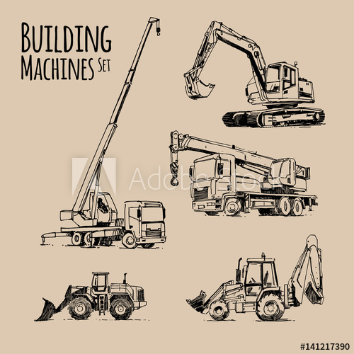 500x500 Truck Crane, Excavator, Bulldozer. Building Machines Set. Hand - Excavator Sketch