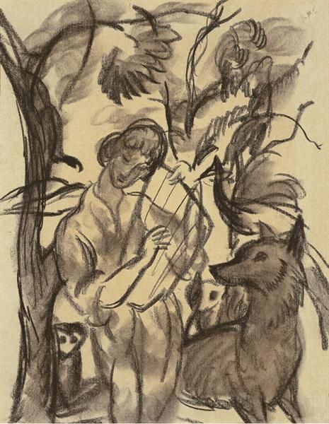 465x600 Woman With Lyre And Dog By August Macke. Expressionism. Sketch And - Expressionism Sketch