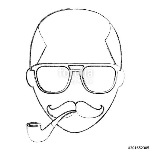 500x500 Hipster Face Bald Man Mustache And Eyeglasses Smoking Pipe Vector - Eyeglasses Sketch