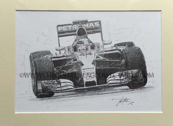 600x437 Lewis Hamilton Mercedes W06 Mounted Original Pencil Sketch Signed - F1 Sketch