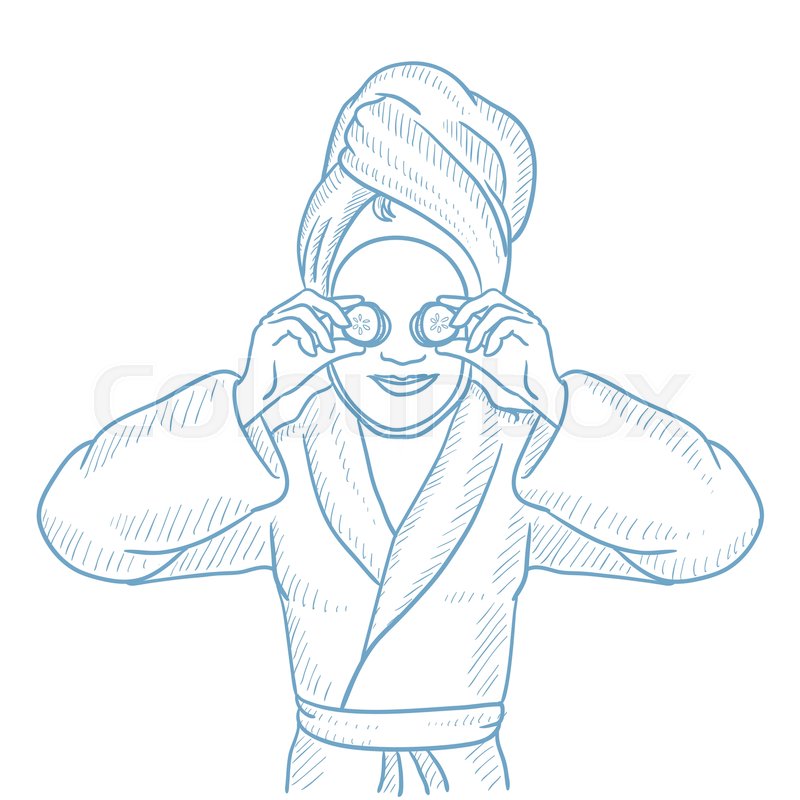 800x800 Happy Woman With Face Mask And Towel On Her Head. Woman In Robe - Face Mask Sketch