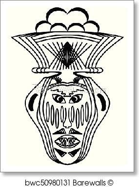 285x382 Art Print Of Ritual Face Monochrome Drawing. Horrible Face With - Face Mask Sketch