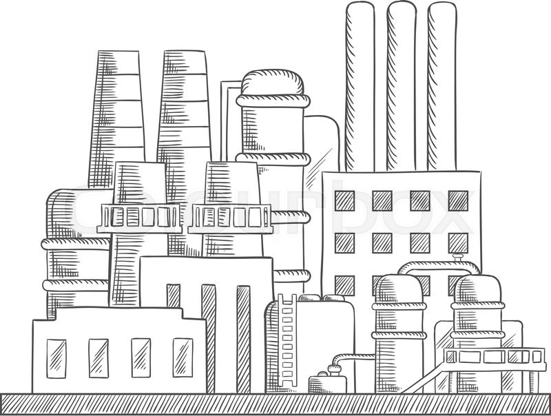 800x604 Industrial Refinery Factory Sketch With Set Of Buildings, Tanks - Factory Sketch