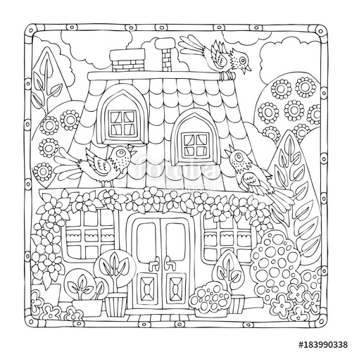 500x500 Hand Drawn Fairy House With Birds In Frame. Sketch For Anti Stress - Fairy House Sketch
