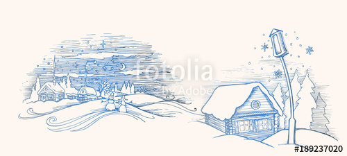 500x225 Hand Drawn Sketch. Winter Fairy House Outside. Pine Forest And - Fairy House Sketch