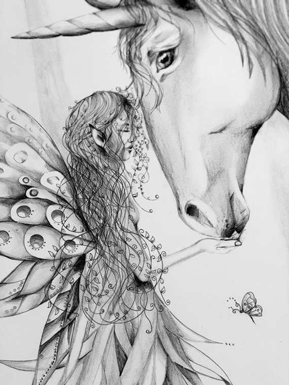 570x760 Unicorn And Fairy Pencil Sketch Etsy - Fairy Pencil Sketch