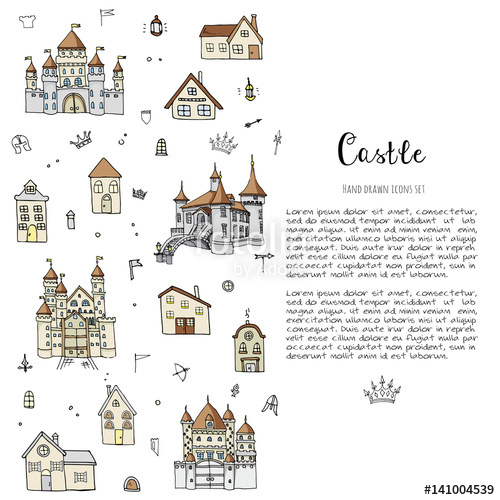 500x500 Hand Drawn Doodle Castle Icon Set Vector Illustration Cartoon - Fairytale Castle Sketch