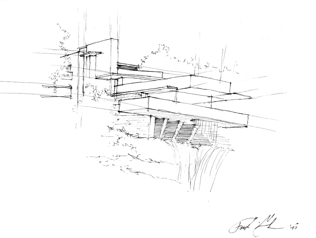 1058x795 Falling Water By Frank Lloyd Wright Sketched By Frederick Clifford - Falling Water Sketch