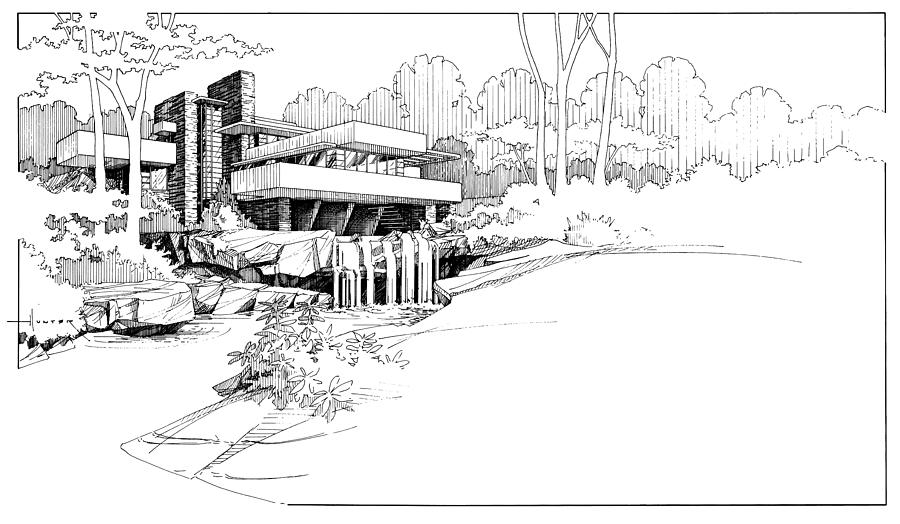 900x524 Fallingwater Drawing By Larry Hunter - Falling Water Sketch