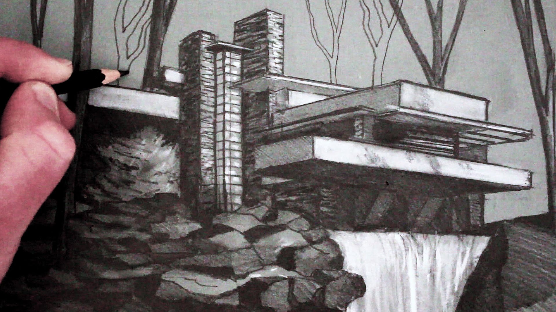 1920x1080 How To Draw A House Draw Fallingwater - Falling Water Sketch