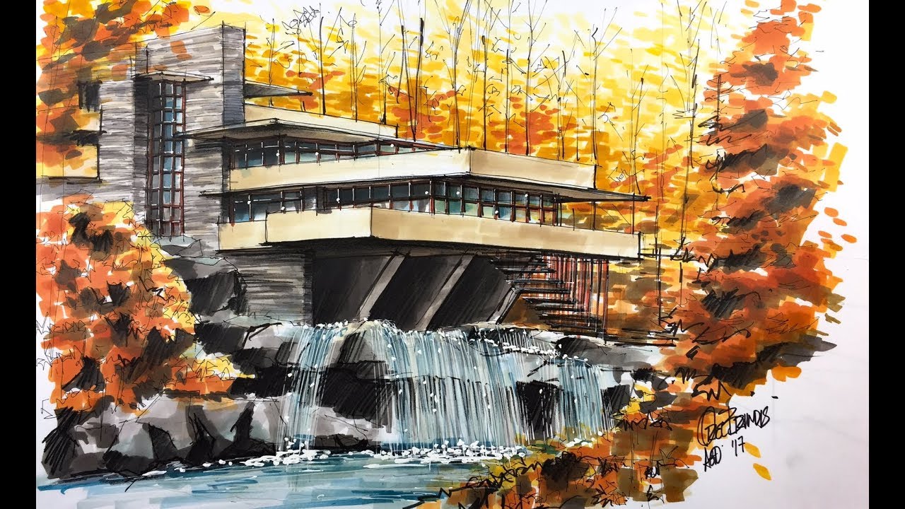 1280x720 Fallingwater House Sketch Tutorial - Falling Water Sketch