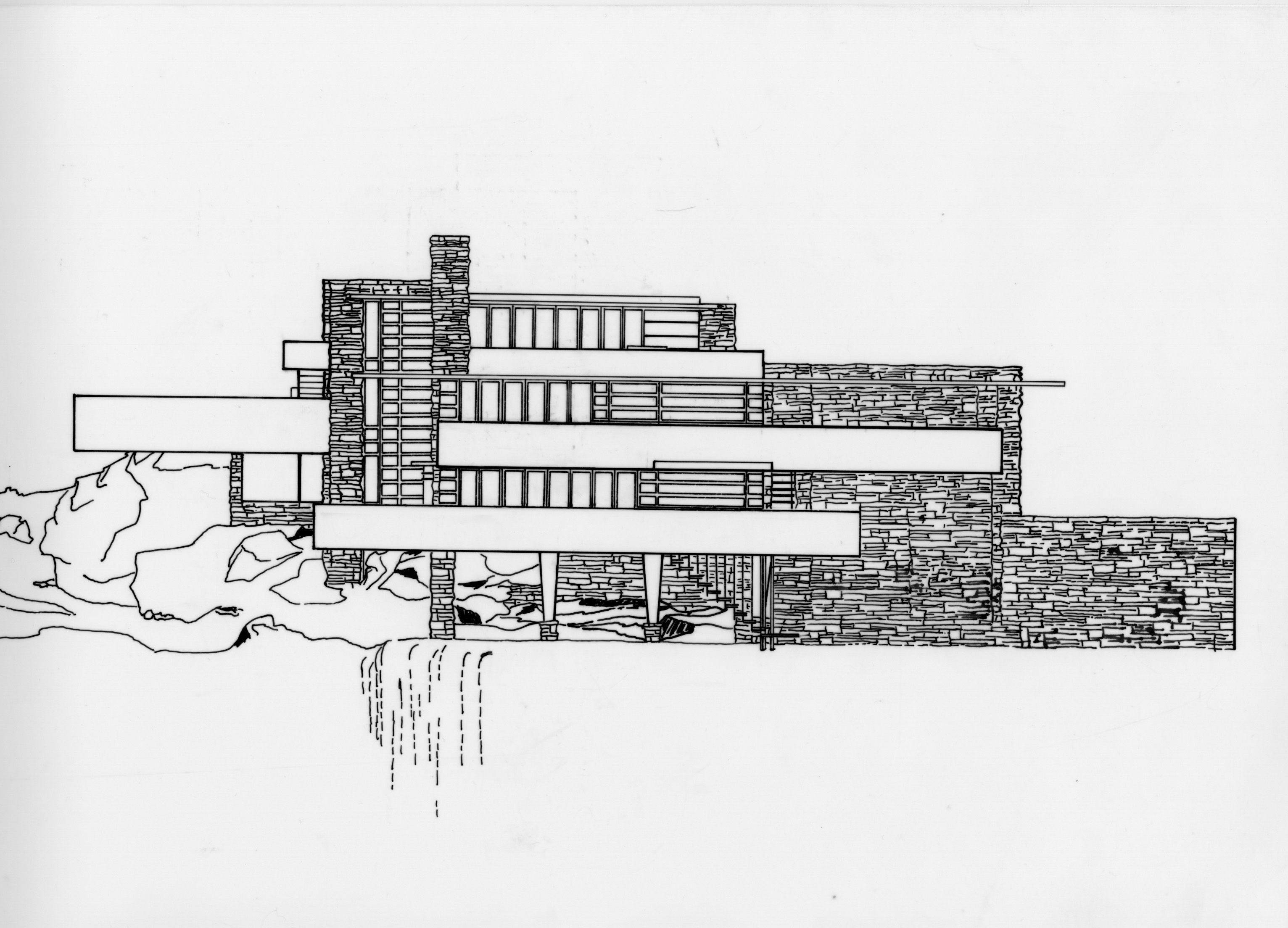 3064x2208 South Elevation Front View Of Fallingwater Facing Waterfall. Ink - Fallingwater Sketch