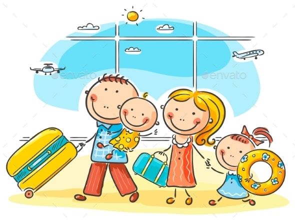 590x440 Family In The Airport (Vector Eps, Cs, Airport, Airtransport, Baby - Family Cartoon Sketch