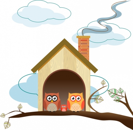468x455 Owls Family Background Colorful Cartoon Sketch Cottage Icon - Family Cartoon Sketch