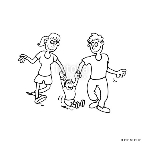 500x500 Happy Family Cartoon. Outlined Cartoon Handrawn Sketch - Family Cartoon Sketch