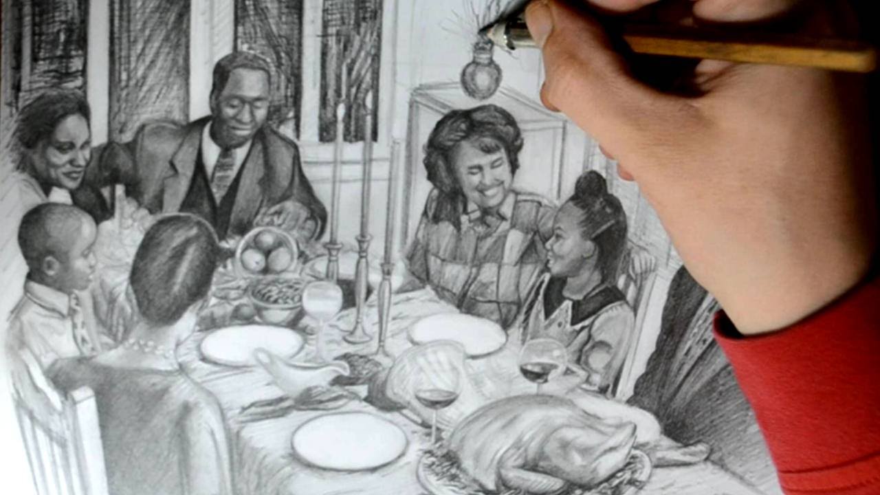 1280x720 Drawing A Family Eating Thanksgiving Dinner - Family Dinner Sketch