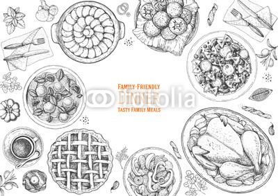 400x283 Family Dinner Top View, Vector Illustration. Friendly Dinner Table - Family Dinner Sketch
