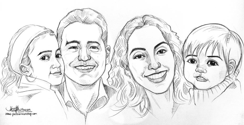 1024x526 Family Caricatures In Pencil (Simple Sketch) - Family Picture Sketch