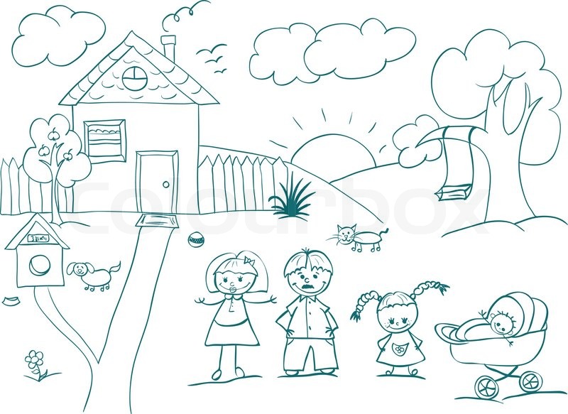 800x583 Family And House Sketch Stock Vector Colourbox - Family Picture Sketch