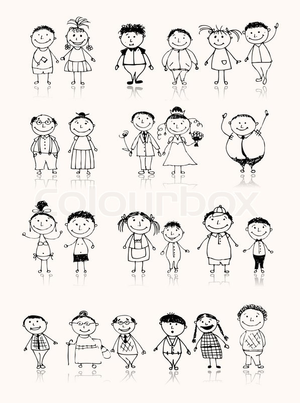 597x800 Happy Big Family Smiling Together, Drawing Sketch Stock Vector - Family Sketch