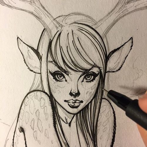 500x500 Art Girl, Sketch, Illustration, Fawn, Fantasy - Fantasy Girl Sketch