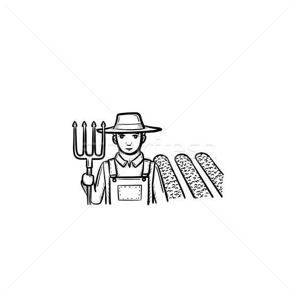600x600 Farmer With Fork Hand Drawn Sketch Icon. Vector Illustration - Farmer Sketch