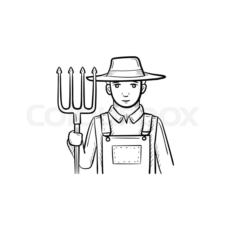 800x800 Vector Hand Drawn Farmer With Pitchfork Outline Doodle Icon - Farmer Sketch