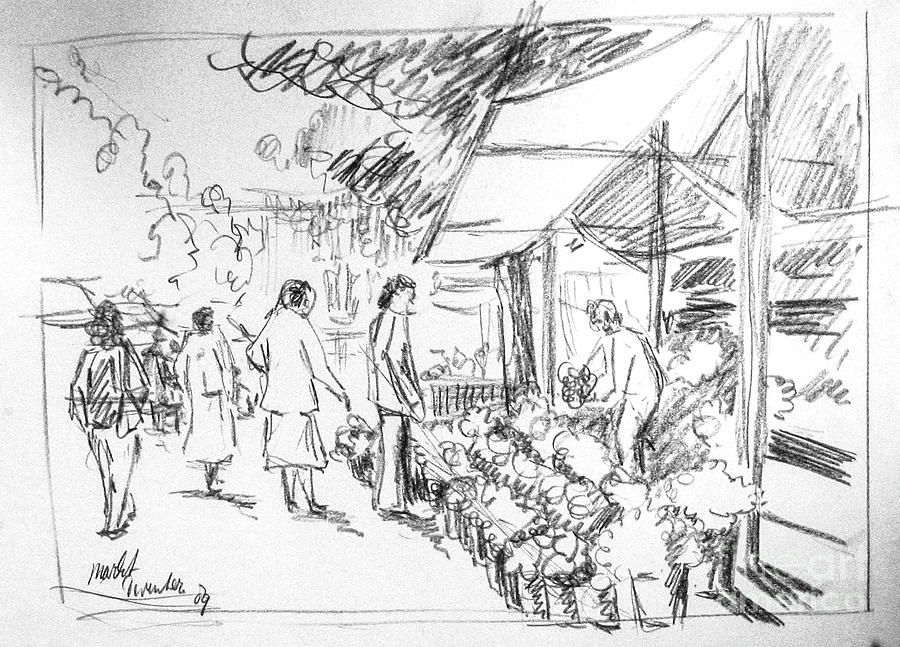 900x647 Farmers Market Drawing By Anthony Vandyk - Farmers Sketch