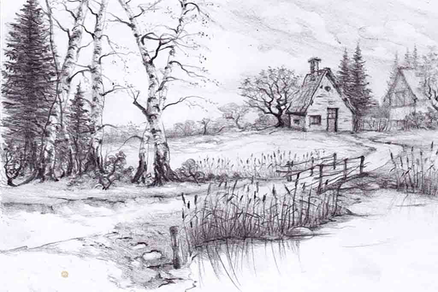 900x600 Farm House Drawing - Farmhouse Sketch