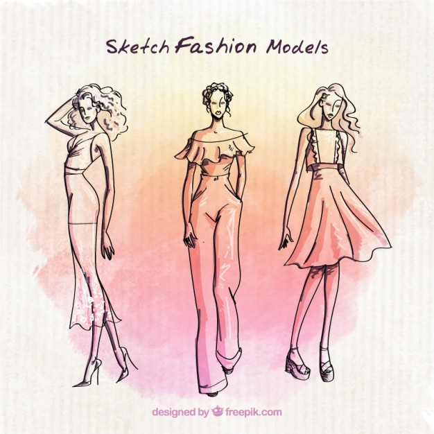 626x626 Fashion Models Sketches With Watercolor Background Vector Free - Fashion Designing Sketches Of Models