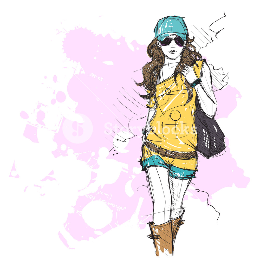 1000x1000 Hand Drawing Of A Pretty Fashion Girl In Sketch Style. Vector - Fashion Girl Sketch
