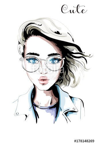 334x500 Hand Drawn Beautiful Woman Portrait. Fashion Woman In Eyeglasses - Fashion Girl Sketch