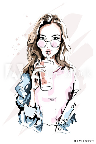 334x500 Hand Drawn Beautiful Young Woman Portrait. Fashion Girl With - Fashion Girl Sketch