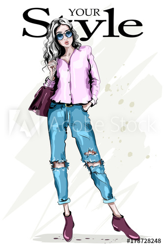 334x500 Hand Drawn Fashion Woman In Sunglasses. Full Body Woman Portrait - Fashion Girl Sketch