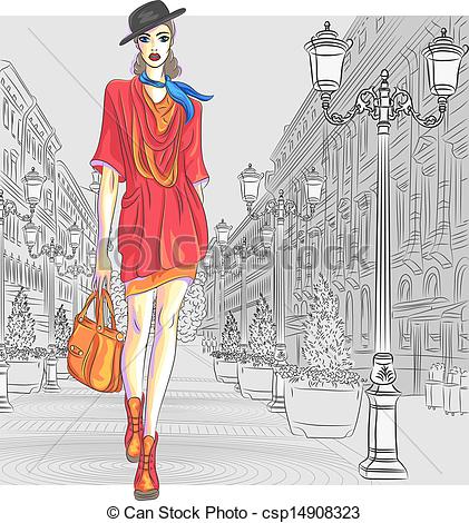 421x470 Vector Attractive Fashion Girl Goes For St. Petersburg. Attractive - Fashion Girl Sketch