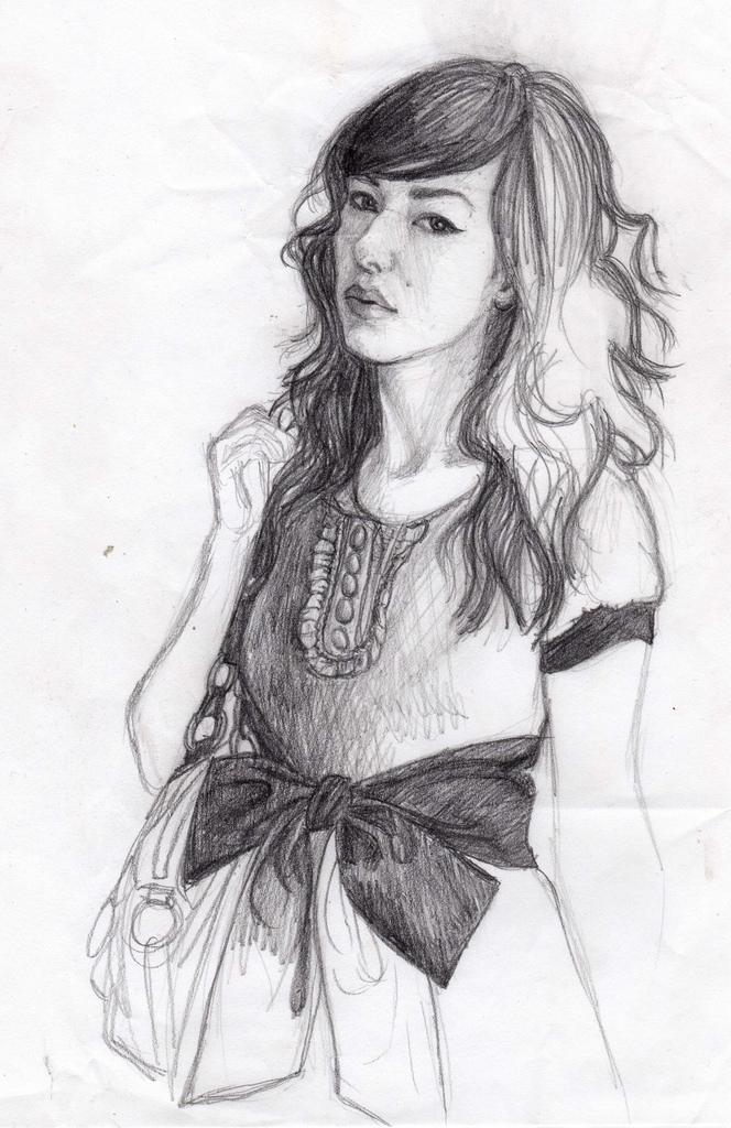 664x1024 Pencil Sketch Of Fashion Girl With Bow Belt Girl Eats Art - Fashion Girl Sketch