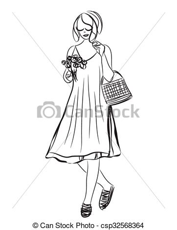 362x470 Fashion Model Sketch. Cartoon Girl. Woman In The Dress. - Fashion Model Sketch