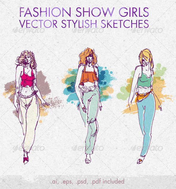 590x635 Fashion Show Girls Vector Stylish Sketches By Subtropica - Fashion Show Sketches