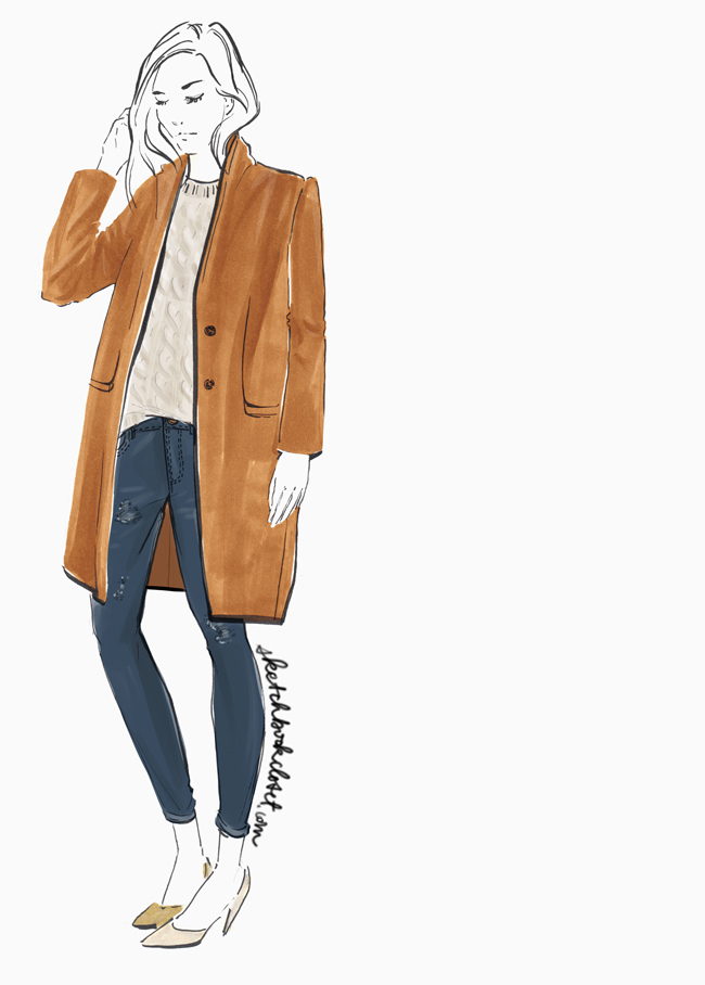 650x908 Katie Cadamatre Zara Camel Coat Fashion Illustration - Fashion Sketch Jeans