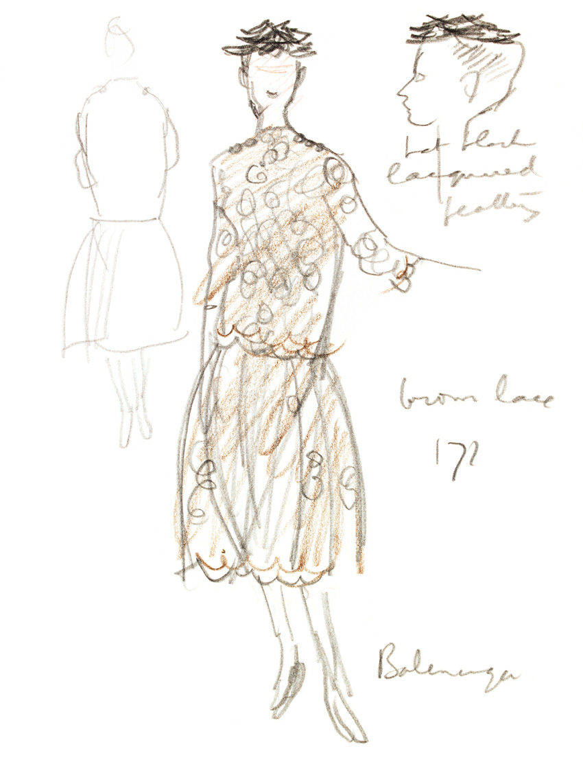 850x1126 Balenciaga Feather Hat And Lace Dress Fashion Illustration (Custom - Fashion Sketch Prints