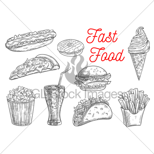 500x500 Fast Food Snacks And Drinks Icons Sketch Gl Stock Images - Fast Food Sketch