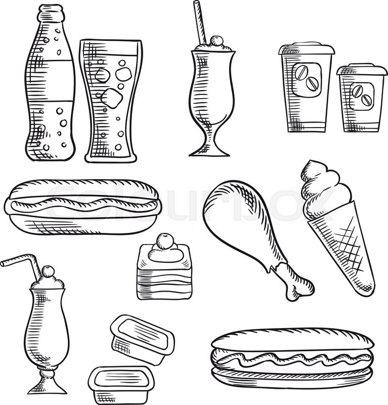 767x800 Fast Food Isolated Sketch Icons Of Hot Dogs, Soda, Chicken Leg - Fast Food Sketch