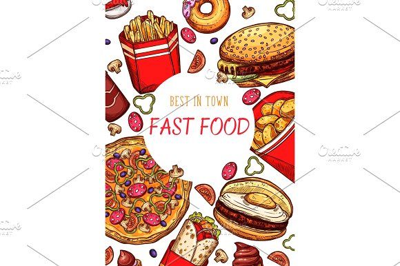 580x386 Fast Food Restaurant Vector Fastfood Sketch Poster - Fast Food Sketch