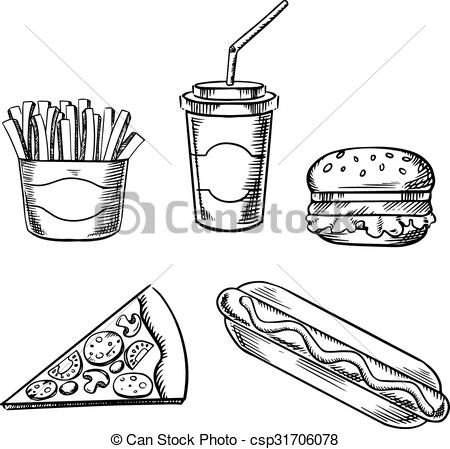 450x449 Pizza, Burger, French Fries, Hot Dog And Soda. Fast Food Sketches - Fast Food Sketch