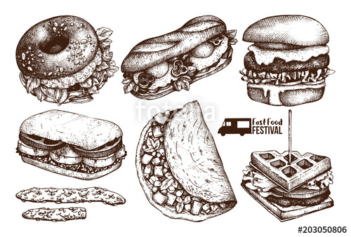 500x338 Street Food Festival Menu. Vintage Sketch Collection. Fast Food - Fast Food Sketch