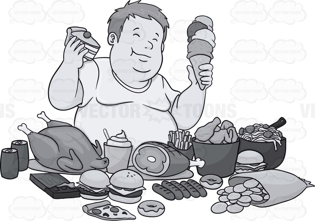 1024x720 Fat Man Enjoying Fatty Food Clipart By Vector Toons - Fat Man Sketch