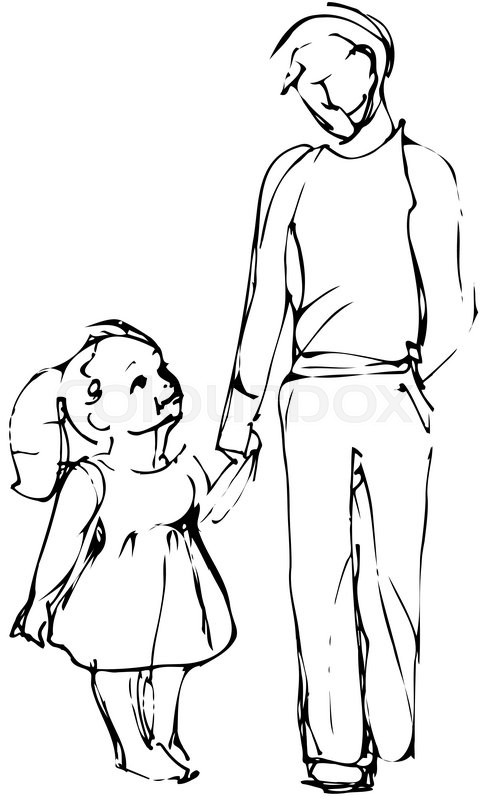 480x800 Black And White Vector Sketch Dad And Daughter Walking Hand - Father Sketch