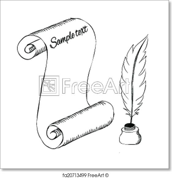 561x581 Free Art Print Of Paper With Feather Pen And Ink Pot Sketch. Paper - Feather Pen Sketch