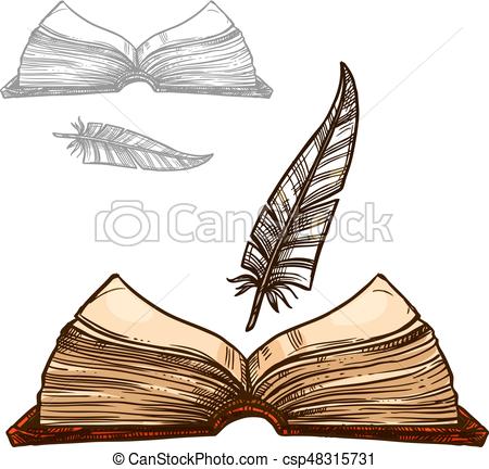 450x432 Vector Old Notepad Book And Ink Feather Quill Pen. Old Book Or - Feather Pen Sketch