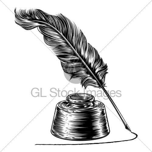 500x500 Writing Quill Feather Pen And Ink Well Gl Stock Images - Feather Pen Sketch